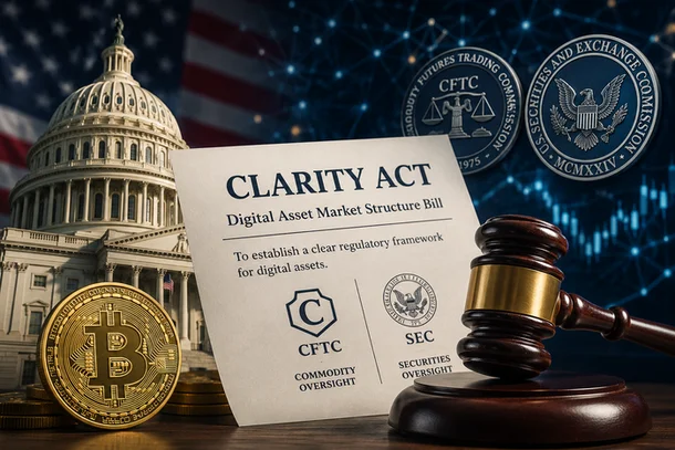 A digital illustration features the "CLARITY ACT - Digital Asset Market Structure Bill" document alongside a gold Bitcoin coin, the U.S. Capitol building, a gavel, and seals for the CFTC and SEC, symbolizing U.S. regulatory efforts over digital assets. The imagery visually underscores the post's claim that the Clarity Act faces a greater than 95% probability of failing to pass, tying the legislative uncertainty to concerns about Bitcoin's stability.