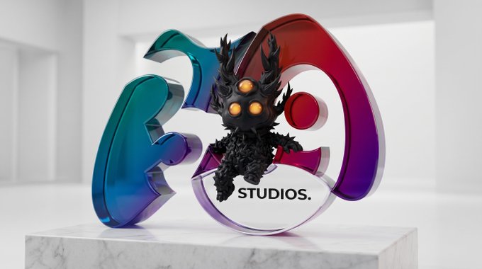 A sleek 3D-rendered logo features an intertwining design in glossy teal and red gradients, centered around a dark, otherworldly creature with glowing orange eyes, displayed on a white pedestal with "STUDIOS." text below. The image's polished, bold aesthetic complements the post's relaxed weekend vibe while hinting at the wild week ahead with its edgy, energetic design.