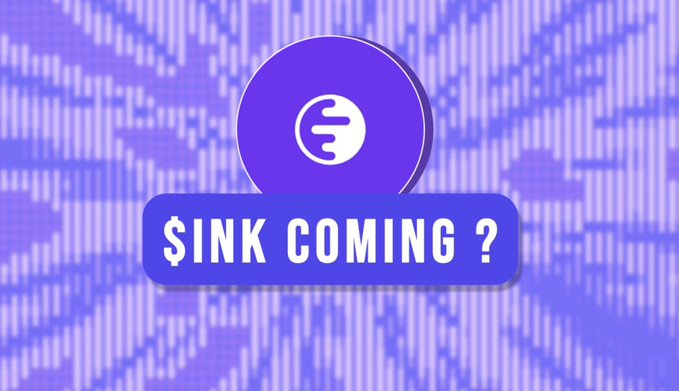 A purple and blue graphic with a circular logo containing a stylized 'E' above the text '$INK COMING ?' on a textured, vertically striped background.