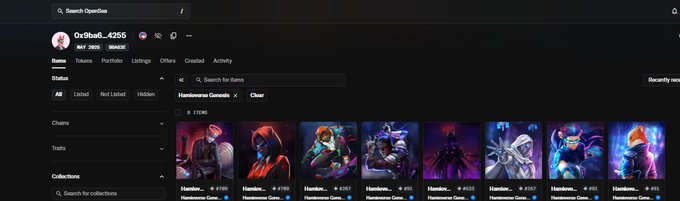 Web3 game profile page for '0x9ba6_4265' (VIP 3605, Shards) showing a collection of Hamsterverse Game NFTs, all priced at 2100.