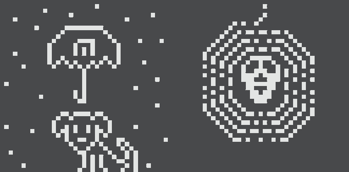 Pixel art depicting a figure with an umbrella approaching a skull-shaped portal on a starry background.