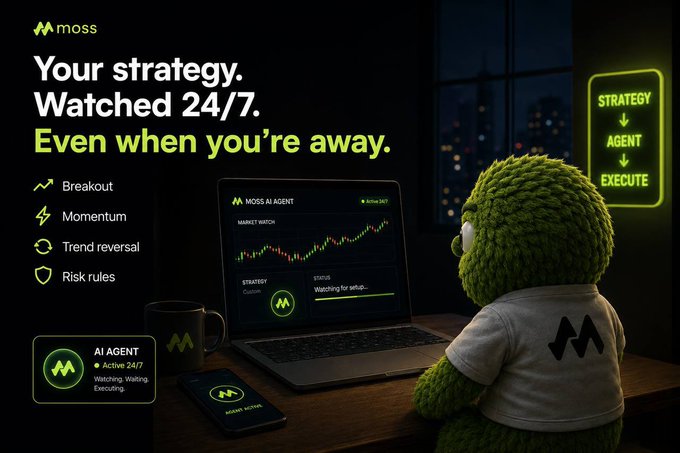 An advertisement for 'moss' features a green moss-textured character at a desk with a laptop showing market charts, promoting 'MOSS AI AGENT' with the tagline 'Your strategy. Watched 24/7. Even when you're away.'