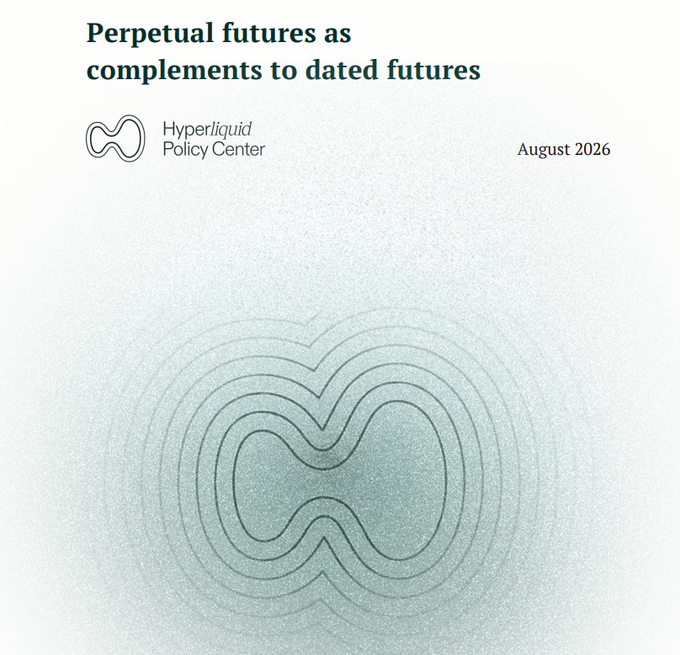 A cover slide for the Hyperliquid Policy Center's August 2026 report titled "Perpetual futures as complements to dated futures," featuring a minimalist light-teal background with the center's logo and a faint abstract emblem. The image introduces the accompanying post's findings that perpetual futures serve as complements—not substitutes—to traditional dated futures markets, as demonstrated by analyzing weekend trading activity when CME is closed.