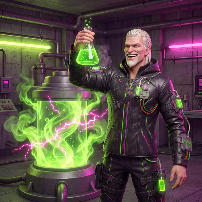 A digital illustration of a smiling white-haired man in a cyberpunk-style black leather jacket holding a flask of glowing green liquid, standing in a lab next to a large vat emitting green energy and purple lightning.