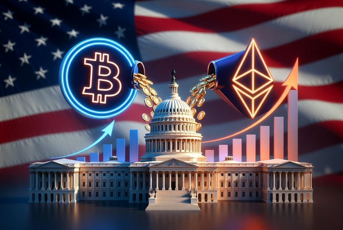 A stylized image featuring the U.S. Capitol building set against an American flag backdrop, with glowing Bitcoin (B) and Ethereum (Ξ) logos flanked by rising bar graphs and upward arrows, symbolizing the intersection of cryptocurrency markets and U.S. regulatory policy amid setbacks at the SEC.