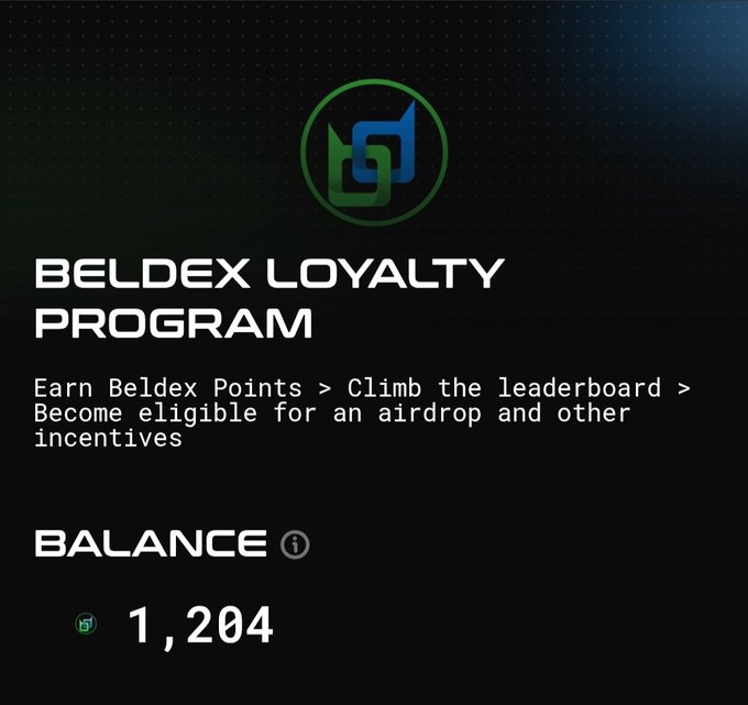 A digital screen displaying the 'BELDEX LOYALTY PROGRAM' logo, with information about earning Beldex Points to climb a leaderboard for an airdrop, showing a balance of 1,204.
