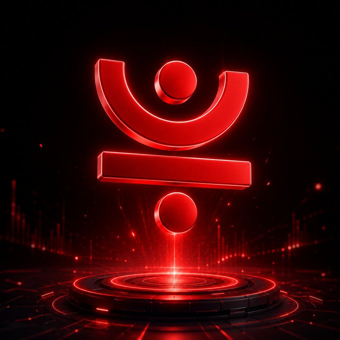 The image features a red symbol that resembles a triangle with a circle at its center, floating in front of a black background. The symbol appears to be glowing or emitting a radiant light from within. The caption below the image reads "Just continues strengthening the TRON DeFi ecosystem through lending, staking, stablecoins, and yield products. With #USDD and @justinsuntron @OfficialSUNio #TRONEcoStar". This suggests that the symbol is related to the cryptocurrency or blockchain technology, possibly representing a token or a digital asset within the TRON network.