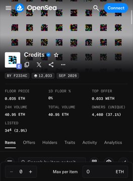 An OpenSea page showing the "Credits" NFT collection by user F2334C, displaying a floor price of 0.035 ETH, 24H volume of 40.95 ETH, 344 listed items, and 4,460 owners (37.1%), providing context for the post's comparison of open edition NFT performance metrics.