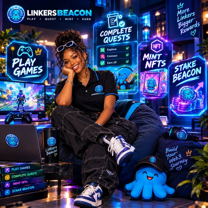A promotional image for 'LINKERS BEACON' featuring a young woman seated in a gaming setup surrounded by neon signage advertising features like 'PLAY GAMES', 'COMPLETE QUESTS' (Explore, Connect, Earn XP), 'MINT NFTs', and 'STAKE BEACON'.