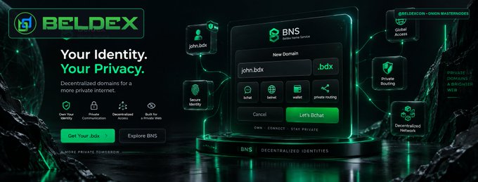 A promotional banner for BELDEX featuring the tagline 'Your Identity. Your Privacy.' and advertising decentralized '.bdx' domains with features like chat, wallet, and routing.