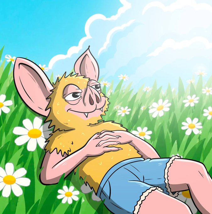 A furry humanoid creature with large bat-like ears, fangs, and yellow fur lounges in a field of daisies wearing denim shorts. The relaxed, anthropomorphic figure parodies the "hoodrat everywhere" meme, depicting a whimsical furry character lazily enjoying a sunny day in the grass.