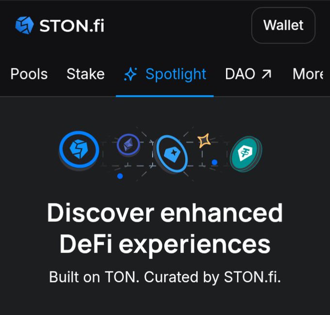 A screenshot of the STON.fi website showing navigation tabs including Pools, Stake, Spotlight, and DAO, with text reading 'Discover enhanced DeFi experiences, Built on TON. Curated by STON.fi.'