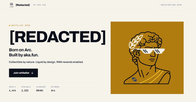 The image displays the aka.fun landing page for the "[REDACTED]" NFT project on the Arc blockchain, featuring a mustarde-colored illustration of a classical statue bust wearing pixelated "deal with it" sunglasses and a laurel wreath, with details showing a whitelist open for 2,222 mintable NFTs with a 4,444 supply and DM404 standard. The page reinforces the tweet's announcement that registration ends in 3 hours and links to aka.fun/whitelist for wallet connection.