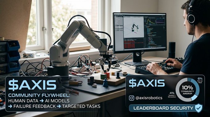 A promotional image for the cryptocurrency token '$AXIS' showing a person wearing headphones working on a robotics arm setup with code on the monitor, alongside text describing the 'Community Flywheel' and a pie chart showing tokenomics distribution (45% Builders Simulation, 10% Community Airdrop, 6% Strategic).
