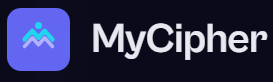 The image shows the MyCipher logo, featuring a purple rounded square with a stylized blue and white mountain icon alongside the white "MyCipher" wordmark on a dark background—suggesting the user is beta testing this crypto/cipher app and is excited about it.