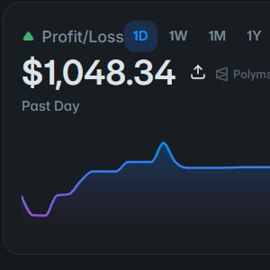 A financial tracking widget showing a profit of '$1,048.34' for the 'Past Day' on 'Polymarket', accompanied by a line graph with purple and blue trends.