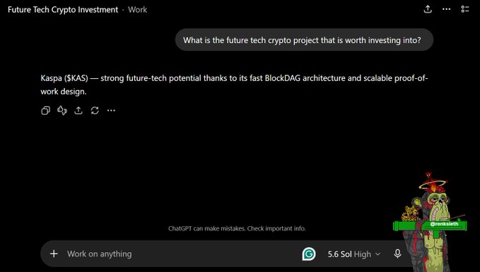 ChatGPT screenshot discussing 'Future Tech Crypto Investment' where the AI recommends Kaspa ($KAS) for its BlockDAG architecture, accompanied by a Pepe-style 'Awakening' crypto image.