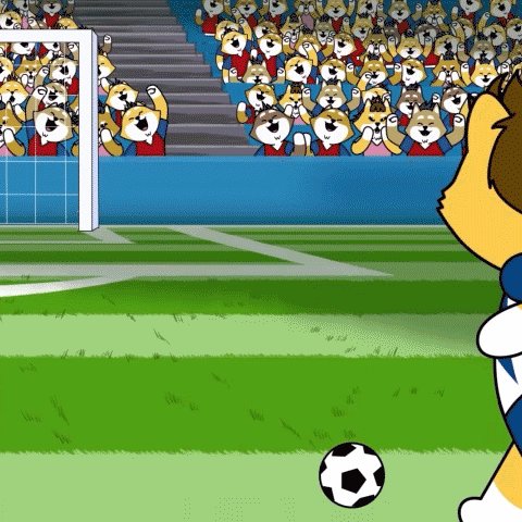 urn of gold coins, a soccer ball, and cartoon characters gather on a green field with blue goalposts and spectators in the background.