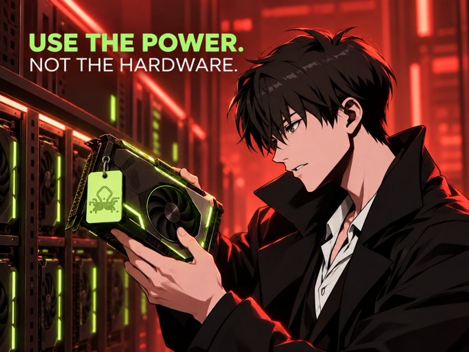 An anime-styled character examines a high-end green-lit GPU inside a server room, accompanied by the text "USE THE POWER. NOT THE HARDWARE." This visual reinforces the post's message about OnCompute's decentralized compute model—emphasizing that users should access powerful resources on demand without needing to own the underlying hardware.