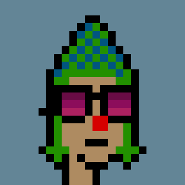 A small pixel art image of a face with a green and blue striped hat, green hair, purple rectangular glasses, and red lips on a blue background.