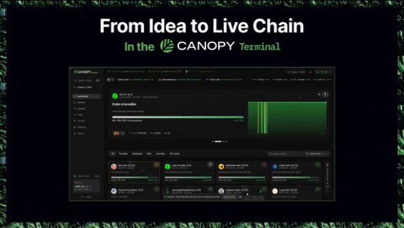 A promotional image displaying 'From Idea to Live Chain In the CANOPY Terminal' showing a dark-themed terminal interface with trading and token deployment features.