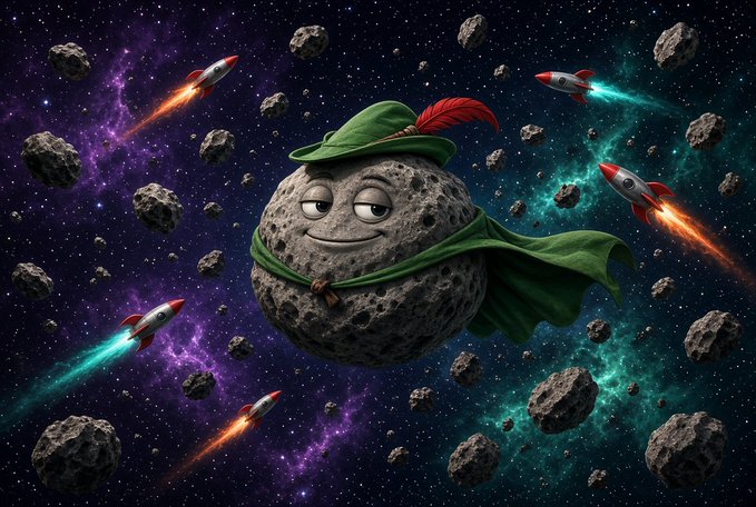 A whimsical cartoon asteroid with a face wears a green Robin Hood-style hat with a red feather and green cape, surrounded by smaller asteroids and rockets in a starry purple and green nebula.