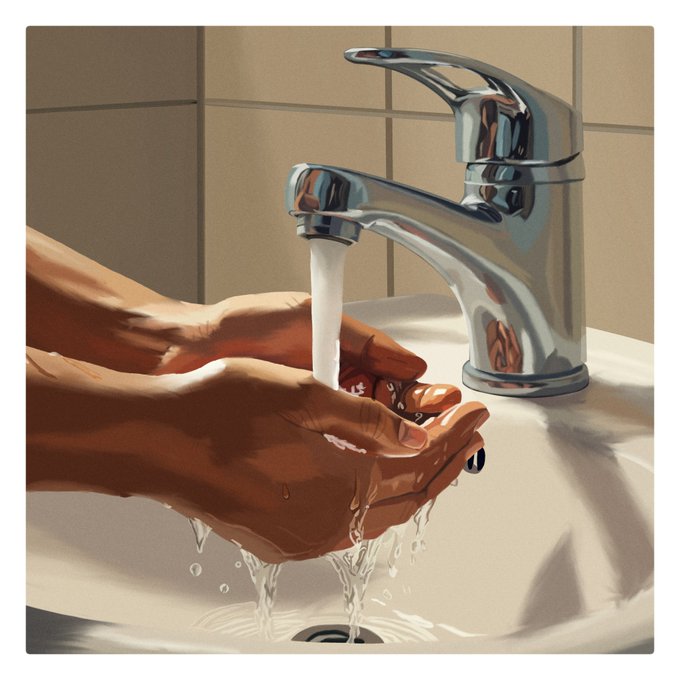 A digital illustration showing water flowing from a chrome faucet into cupped hands over a sink, with water droplets falling.