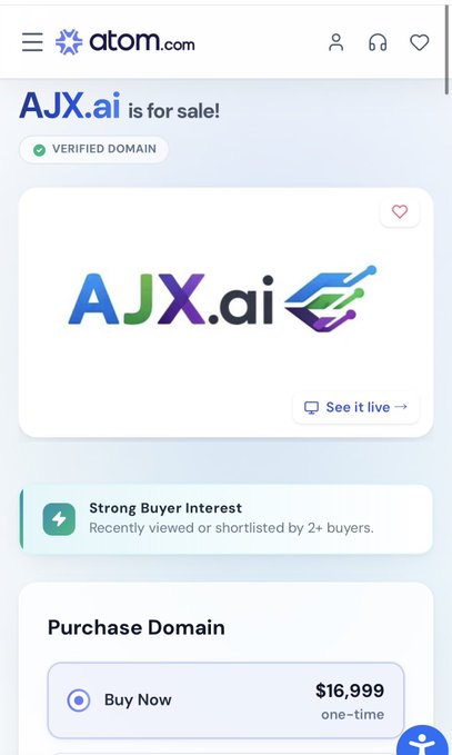 A screenshot from atom.com showing the domain 'AJX.ai' is for sale, listed as a verified domain with strong buyer interest, priced at $16,999 one-time.