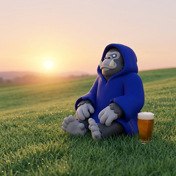 A 3D rendered cartoon gorilla wearing a blue hooded robe sits on a grassy hill at sunset, looking glum with a half-full glass of beer beside it.
