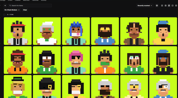A dark-themed NFT marketplace interface showing a grid of pixel-art character portraits on bright green backgrounds under the collection name "On-Chain Brokers".