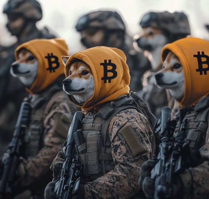 A group of Shiba Inu dogs dressed in tactical military gear and yellow hoodies emblazoned with the Bitcoin symbol ($\text{₿}$) stand in formation holding rifles.