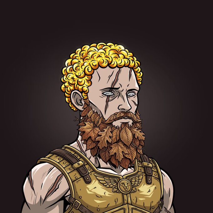 urn of gold and bronze, with a man's face and beard, wearing a golden helmet with a lion's head on the front.