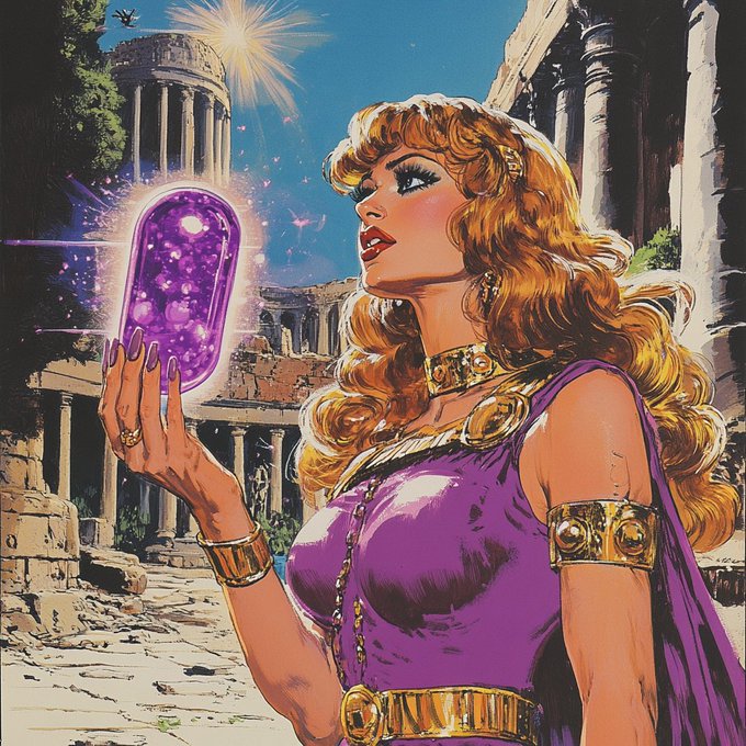 A vintage-style comic illustration of a blonde woman in a purple dress with gold jewelry holding a glowing purple crystal, set against ancient Greek-style ruins under a bright blue sky.