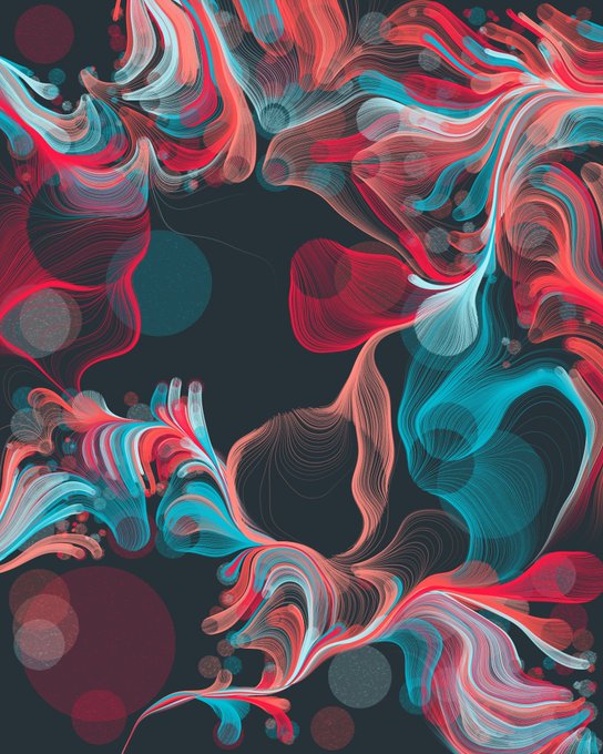 An abstract digital artwork featuring swirling, fluid patterns in shades of red, cyan, white, and black against a dark blue background, resembling marbled ink or flowing smoke.