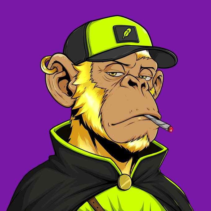 A digital illustration of a stylized monkey character wearing a green and black cap with a feather logo, smoking a cigarette while wearing a dark cape with green trim against a purple background.
