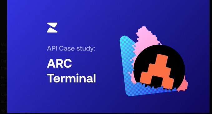 A blue presentation slide titled 'API Case study: ARC Terminal' featuring abstract geometric artwork in pink and orange.