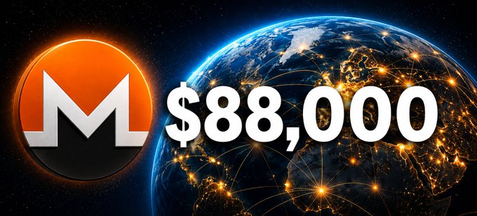 In this image, there is a square-shaped sign with an orange M and white letters "M". Below the M, there is a black circle containing a red dot, which represents Bitcoin. The sign also includes a large dollar sign showing the price of Bitcoin as $88,000. The post suggests that if only 20% of the world's population were to own Bitcoin, it would be worth around $88,000 in Monero or XMR.