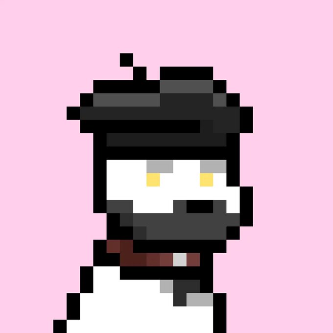 A pixel art character portrait on a pink background depicting a figure with a black mask, yellow eyes, and what appears to be a cigarette in their mouth.