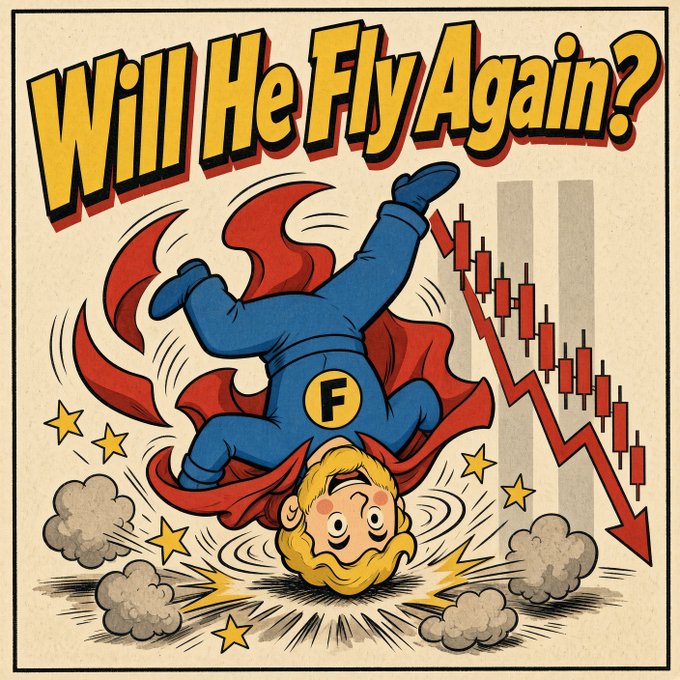 A retro comic-style illustration titled "Will He Fly Again?" showing a caped figure in free-fall alongside a downward red arrow and a candlestick chart.