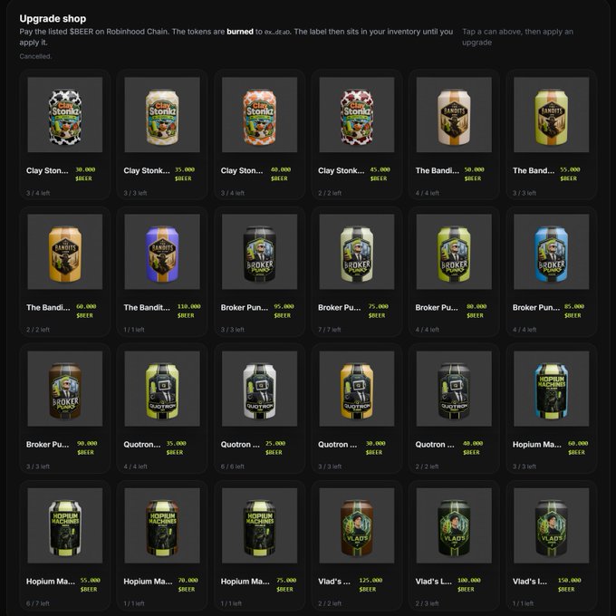 An "Upgrade shop" interface displays a grid of beer can-themed NFT labels for sale in $SEER tokens on Robinhood Chain, including brands like Clay Ston..., The Bandit..., Broker Pu..., Quotron..., Hopium Ma..., and Vlad's L..., priced from 30,000 to 150,000 SEER.