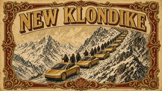 A vintage-style illustrated poster with ornate gold and red borders reads "NEW KLONDIKE" at the top, depicting a line of gold sports cars being driven by figures with pickaxes through a snowy mountain pass.