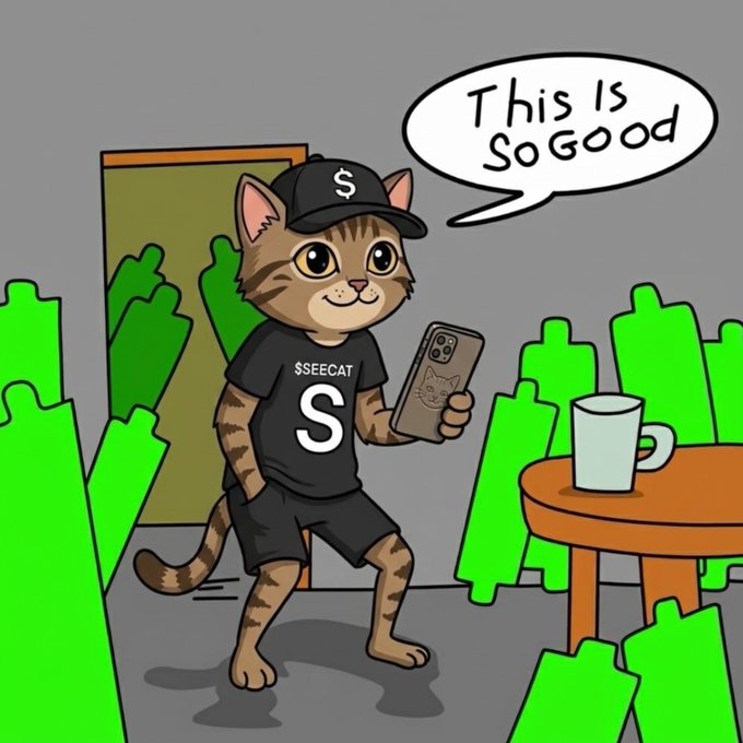 An illustration of an anthropomorphic cat wearing a black cap and a '$SEECAT' t-shirt, holding a phone in a room with green chairs and a coffee mug, saying 'This Is So Good' in a speech bubble.