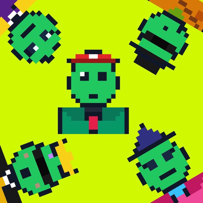 A pixel art collage of five green blocky character heads on a lime green background, with the central figure wearing a red headband.