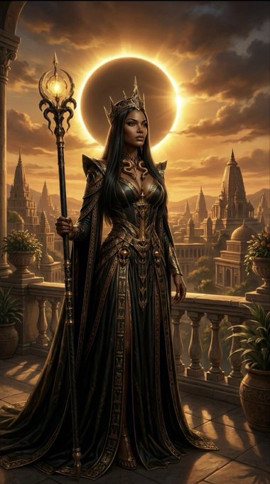 A regal queen stands on a balcony with a solar eclipse halo behind her, holding a golden scepter while overlooking a fantasy cityscape—fitting the "GN Kings & Queens" theme of the VibeBoxes launch on ZARGATES and pvp_vibe, where users open boxes to unlock hero characters.