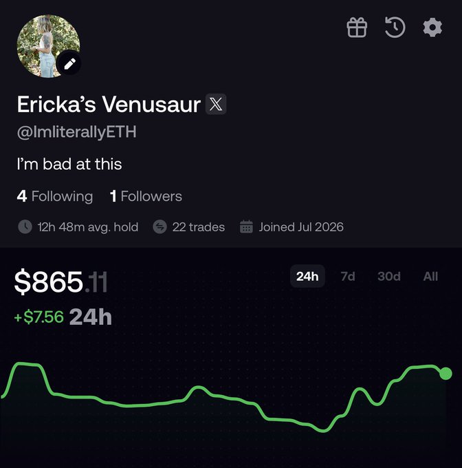 Profile page for 'Ericka's Venusaur' (@lmliterallyETH) showing a trading account with $865.11 value, up $7.56 in 24h, 22 trades, joined July 2026.