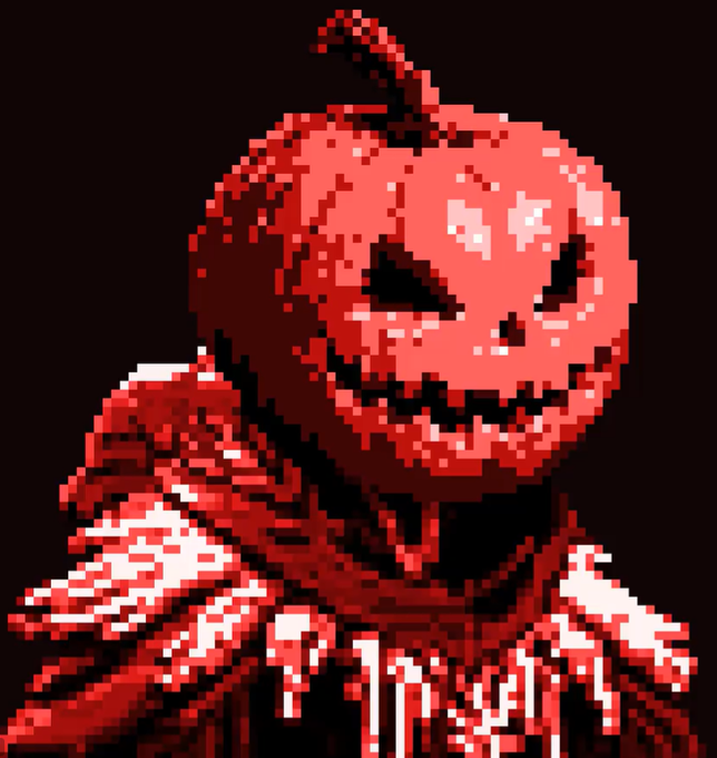 A pixel-art horror image of a sinister character with a carved jack-o'-lantern head and a wide, unsettling smile, tinted in red against a black background.