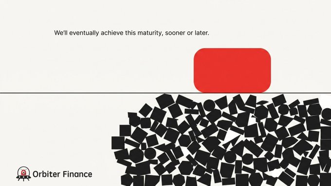 The image features the text "We'll eventually achieve this maturity, sooner or later." above a horizontal line, with a cluster of black geometric shapes beneath it and the "Orbiter Finance" logo in the bottom left corner. The post's message about chains becoming invisible to users due to a mature abstraction layer is visually represented by the geometric shapes converging and becoming indistinguishable beyond the dividing line, symbolizing how the underlying complexity fades from view once maturity is achieved.