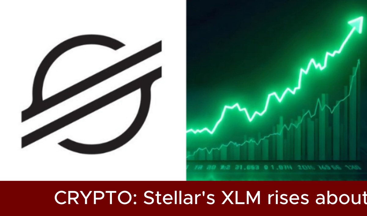 In this image, there are two logos side by side - one is black with a circle, while the other has a green arrow pointing upwards with a line graph underneath. The text overlaying the logos states "CYPT: Stellar's XLM rises about". This implies that the crypto-XLM relationship is currently positive and growing, as described in the image description.