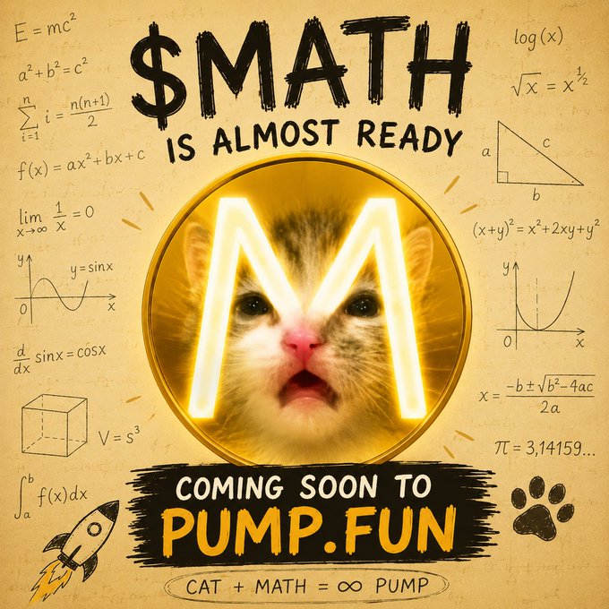 A promotional graphic for '$MATH' token coming soon to Pump.fun, featuring a surprised kitten inside a gold coin with math equations in the background and the tagline 'CAT + MATH = ∞ PUMP'.