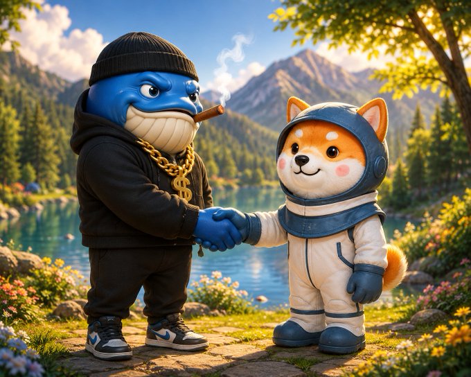A 3D-rendered scene showing a blue fish character in streetwear shaking hands with a Shiba Inu dog in a spacesuit by a scenic lake, with a dollar sign chain visible on the fish.